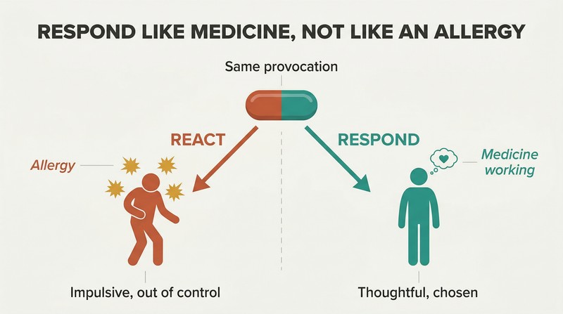Fork diagram showing a single provocation splitting into two paths: reacting impulsively like an allergic reaction versus responding thoughtfully like effective medicine.