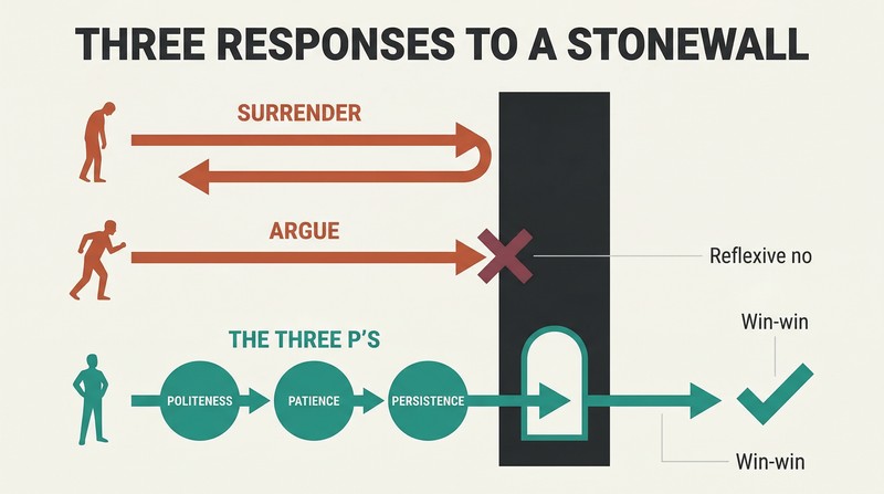 Three horizontal paths approach a vertical wall — surrender retreats, arguing collides, while politeness, patience, and persistence find a doorway through to success.