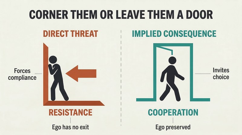 Split panel comparing a figure trapped in a corner by a direct threat versus a figure freely choosing to walk through an open doorway via an implied consequence.