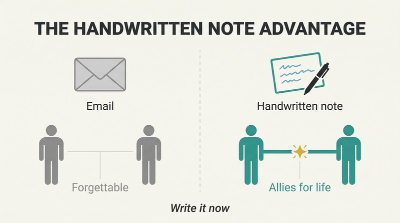Split panel comparing an email that produces a thin faded connection line between two figures versus a handwritten note that produces a thick strong bond between them.