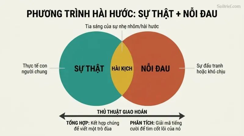 A Venn diagram showing Truth in teal and Pain in terracotta overlapping to create Comedy in gold, with a bidirectional arrow below showing how the formula works in both directions.