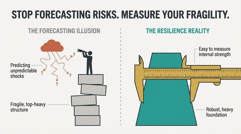 Split diagram showing the futility of predicting unpredictable external shocks versus the high accuracy of measuring and reinforcing internal structural strength.