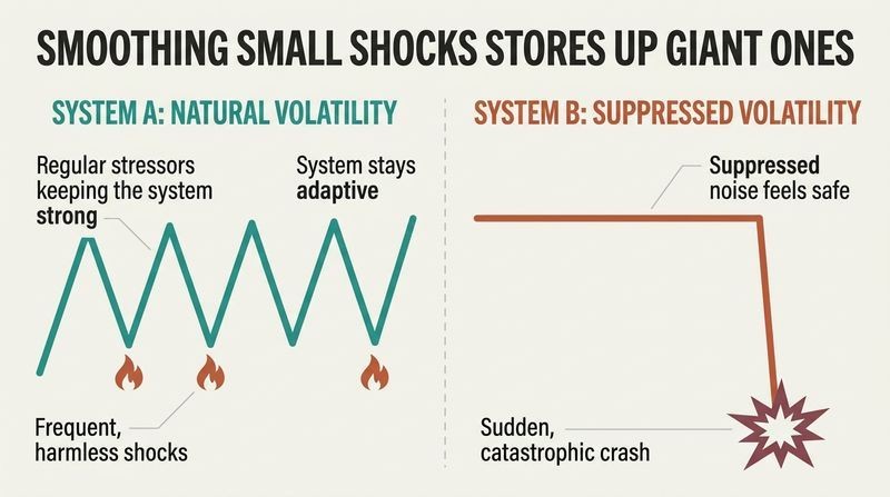 Split panel diagram comparing a system with natural volatility showing small regular shocks and long-term stability with an artificially smoothed system showing a flatline followed by a catastrophic crash.