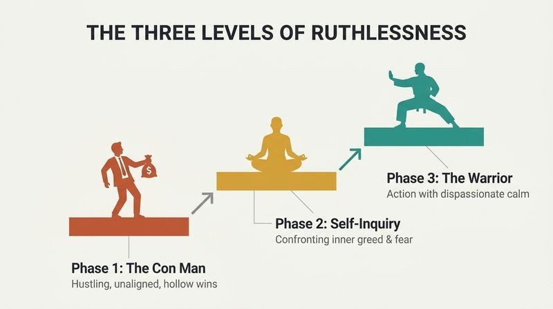 Ascending three-step staircase diagram showing the evolution of ruthlessness from the con man, through self-inquiry, to the detached warrior.