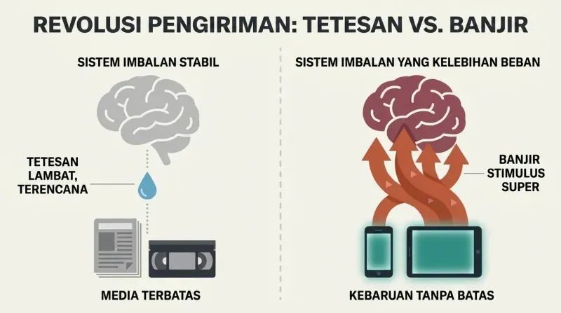 Split-panel diagram contrasting high-friction physical media delivering a slow dopamine drip to a stable brain, versus zero-friction streaming screens releasing a massive super-stimulus flood into an overloaded brain.