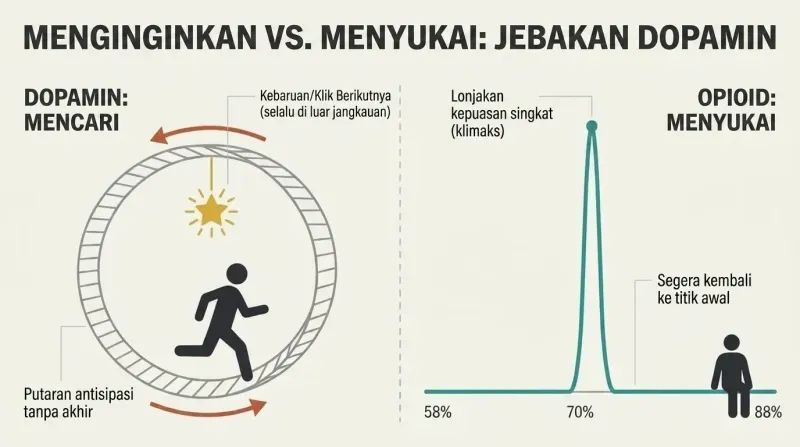 Split-panel diagram contrasting the endless loop of dopamine-driven anticipation with the fleeting, transient spike of opioid-driven satisfaction.