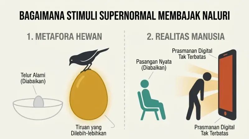 A split-panel diagram comparing a bird choosing a giant plaster egg over its real egg with a human choosing a glowing screen over a real partner.