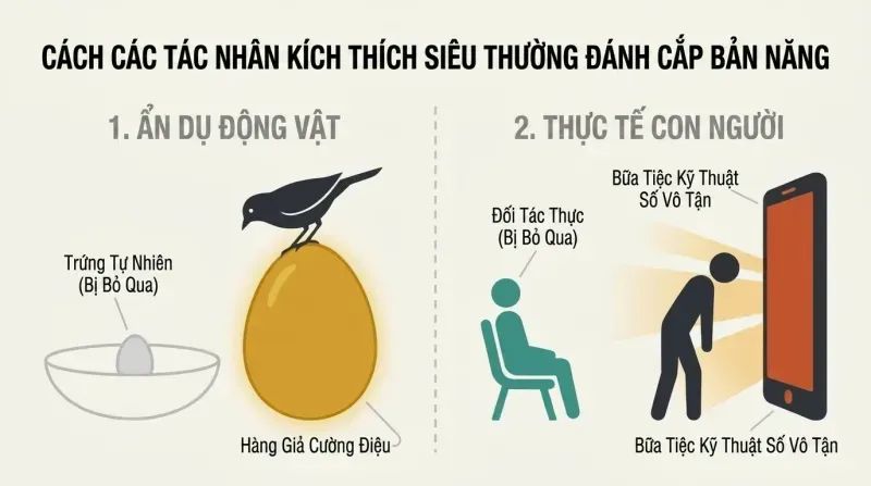 A split-panel diagram comparing a bird choosing a giant plaster egg over its real egg with a human choosing a glowing screen over a real partner.