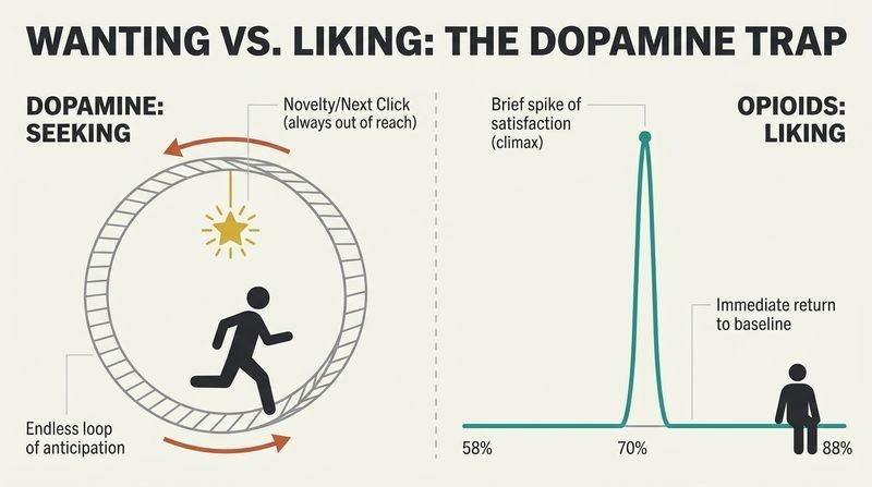 Split-panel diagram contrasting the endless loop of dopamine-driven anticipation with the fleeting, transient spike of opioid-driven satisfaction.