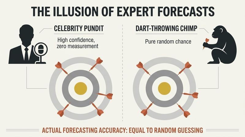 Split panel diagram comparing a confident celebrity pundit and a chimpanzee, showing both achieve the same random scatter of darts on a target, representing chance accuracy.