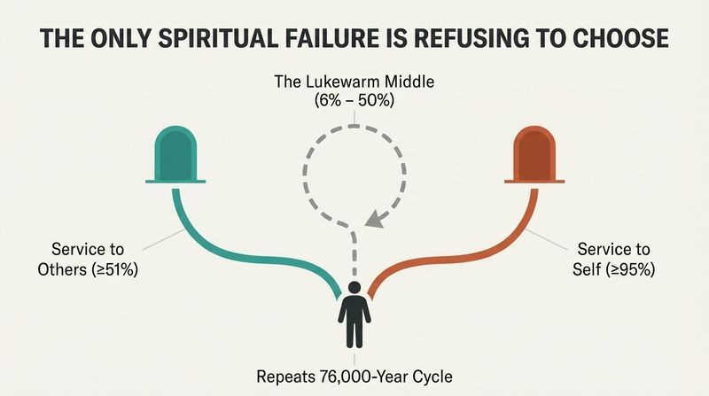 A three-way fork diagram showing a soul at a crossroads: committing to 'Service to Others' or 'Service to Self' leads to graduation, while the 'Lukewarm Middle' loops back to repeat the cycle.