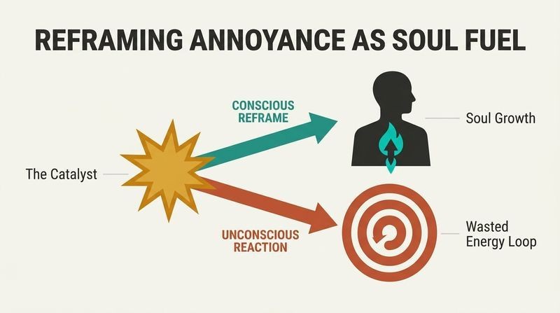 Fork diagram showing how an irritating event can either trigger a closed loop of wasted anger or be consciously reframed into fuel for upward soul growth.