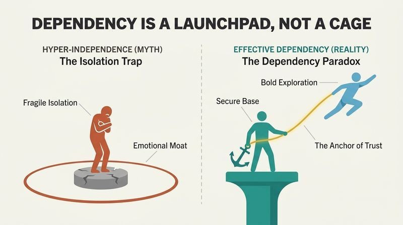 Split panel diagram comparing a lonely, restricted figure trapped by hyper-independence to a secure, connected pair where emotional dependency enables bold exploration.