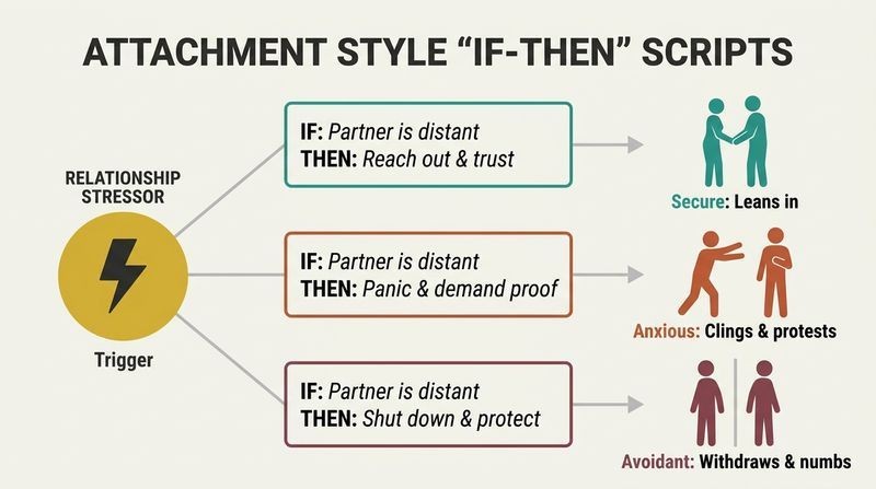 Diagram showing how a relationship stressor triggers three distinct behavioral scripts based on attachment style: Secure leans in, Anxious clings, and Avoidant withdraws.