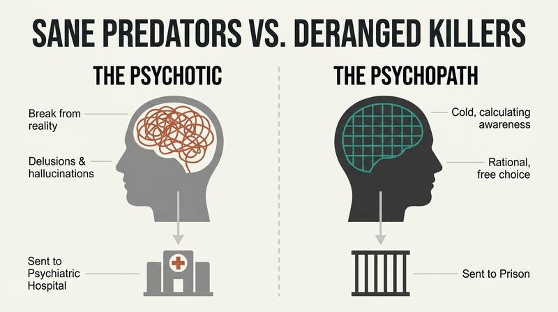 Split-panel diagram contrasting a psychotic's chaotic mind leading to a hospital with a psychopath's cold, calculating mind leading to prison.