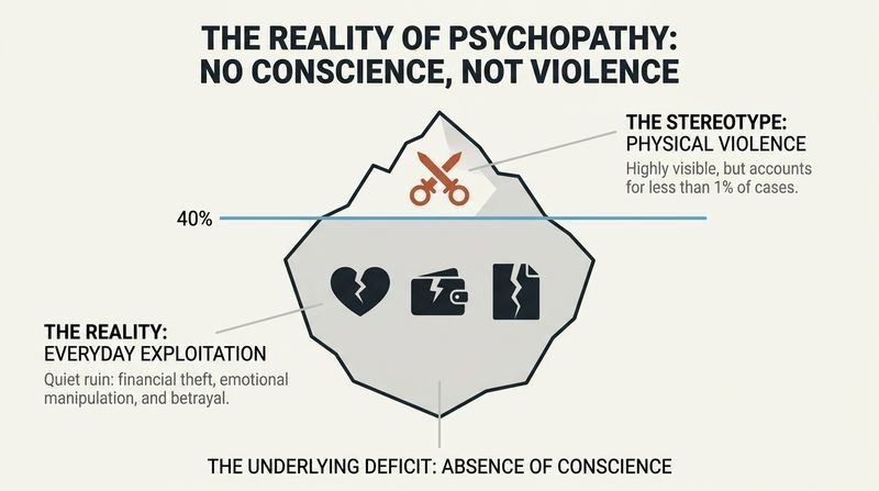 Iceberg diagram showing a small visible tip of physical violence contrasted with a massive submerged base of quiet emotional and financial exploitation, all sharing a core lack of conscience.