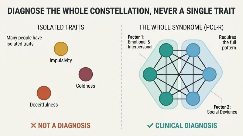 Split panel diagram comparing isolated personality traits on the left with a complete, interconnected clinical network on the right.