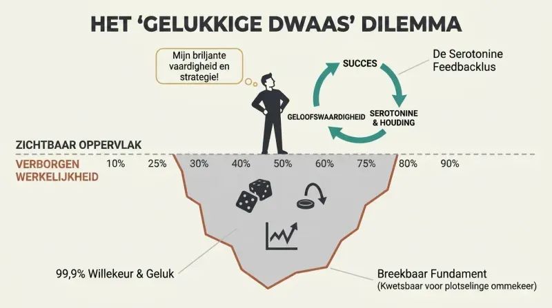 Iceberg diagram showing a proud character in a self-reinforcing loop of success above water, unaware of the massive foundation of pure randomness beneath them.
