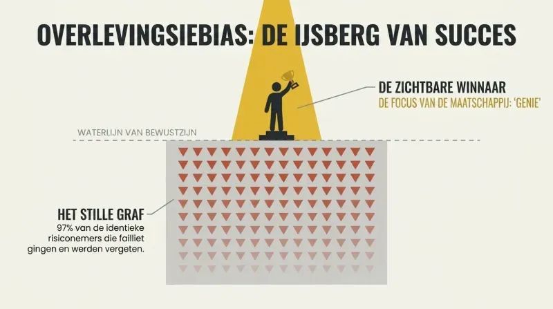 Iceberg diagram illustrating survivorship bias, with a single celebrated winner illuminated by a spotlight above the water, while a massive, forgotten graveyard of losers sinks invisibly below.