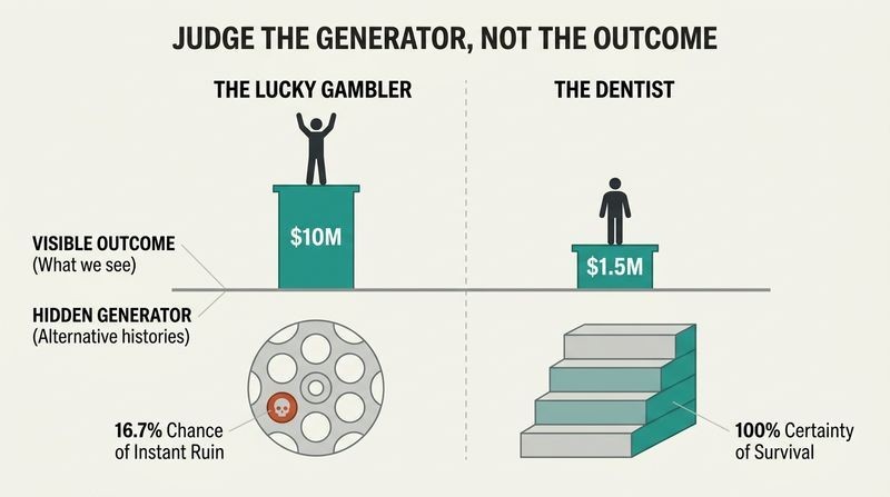 A split-panel diagram contrasting a lucky gambler and a dentist to show that visible wealth can hide deadly alternative histories.