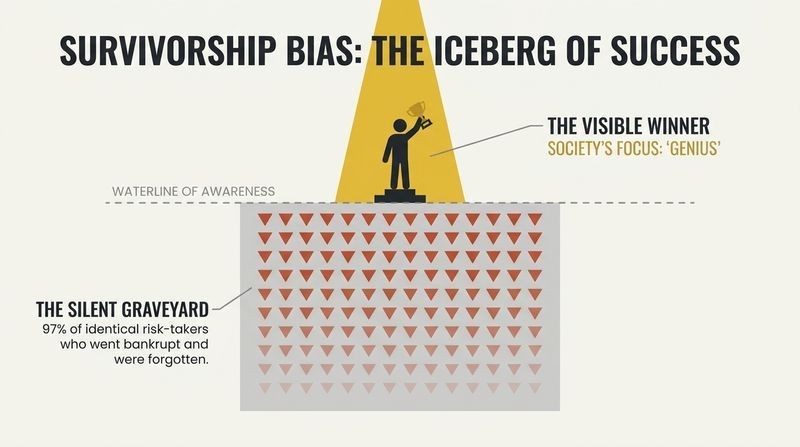 Iceberg diagram illustrating survivorship bias, with a single celebrated winner illuminated by a spotlight above the water, while a massive, forgotten graveyard of losers sinks invisibly below.