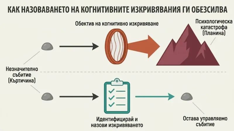 Split diagram showing a minor event magnifying through a cognitive distortion lens into a psychological catastrophe, contrasted with how naming the distortion acts as a diagnostic shield that keeps the event small and manageable.