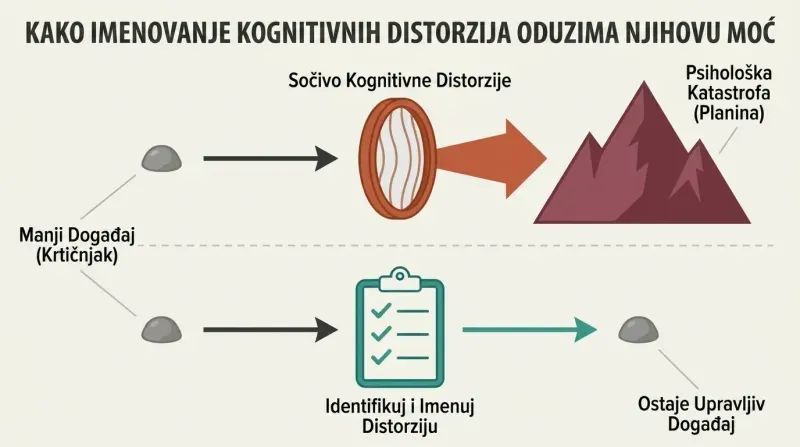 Split diagram showing a minor event magnifying through a cognitive distortion lens into a psychological catastrophe, contrasted with how naming the distortion acts as a diagnostic shield that keeps the event small and manageable.