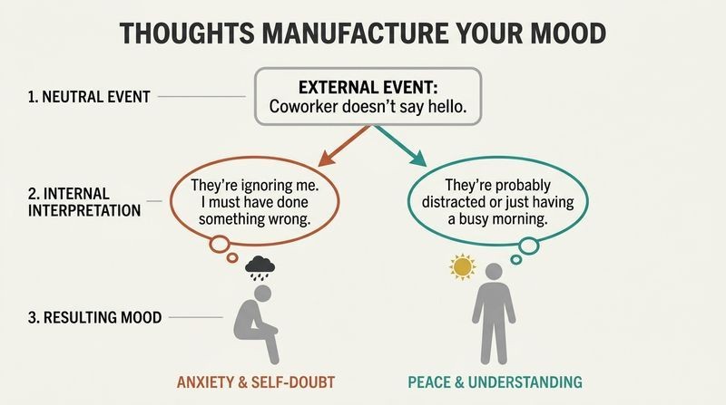 Fork diagram showing how a single neutral event branches into opposite emotional moods based purely on negative versus balanced internal interpretations.