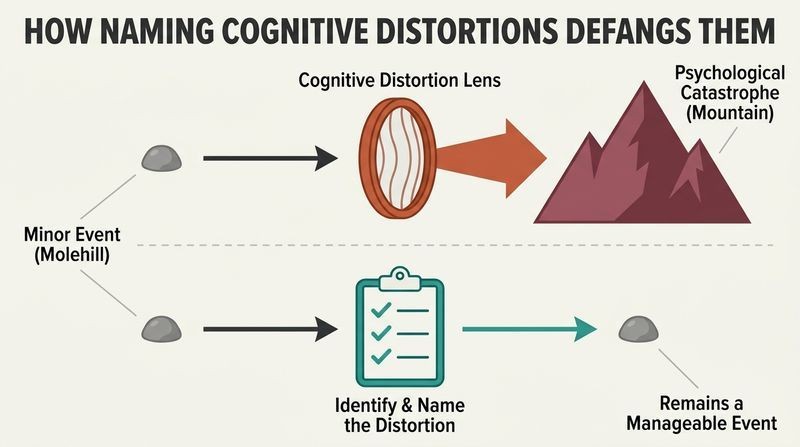 Split diagram showing a minor event magnifying through a cognitive distortion lens into a psychological catastrophe, contrasted with how naming the distortion acts as a diagnostic shield that keeps the event small and manageable.