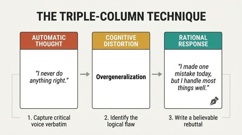A three-column diagram showcasing the triple-column cognitive restructuring technique to turn automatic negative thoughts into rational responses.