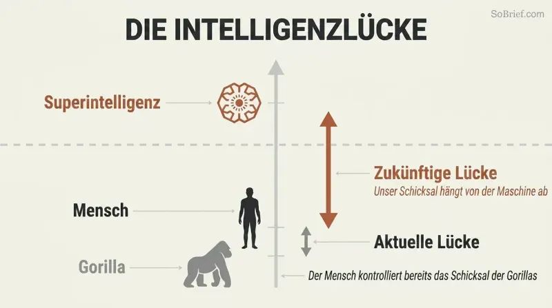 Vertical scale showing a small intelligence gap between gorilla and human silhouettes, dwarfed by an enormous gap stretching up to a superintelligence icon far above.