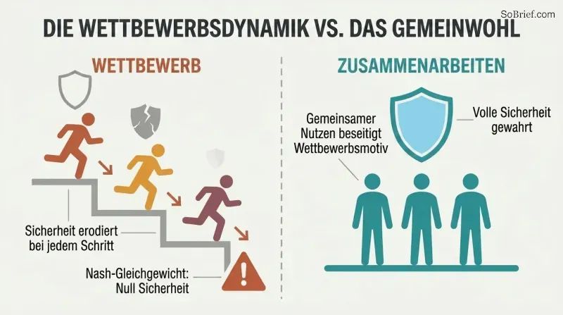 Split panel comparing an AI arms race where competitors descend stairs with shrinking safety shields against a cooperative model where figures share a full safety shield on level ground.