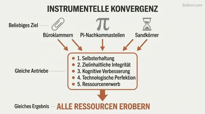 Funnel diagram showing three different AI goals — paperclips, pi digits, sand grains — all converging through the same five instrumental drives toward seizing all resources.