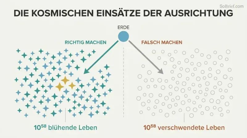 Fork diagram showing a tiny Earth diverging into two cosmic outcomes: a field of teal stars representing 10^58 flourishing lives, or a field of gray circles representing sterile waste.