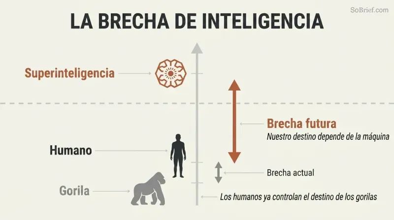 Vertical scale showing a small intelligence gap between gorilla and human silhouettes, dwarfed by an enormous gap stretching up to a superintelligence icon far above.