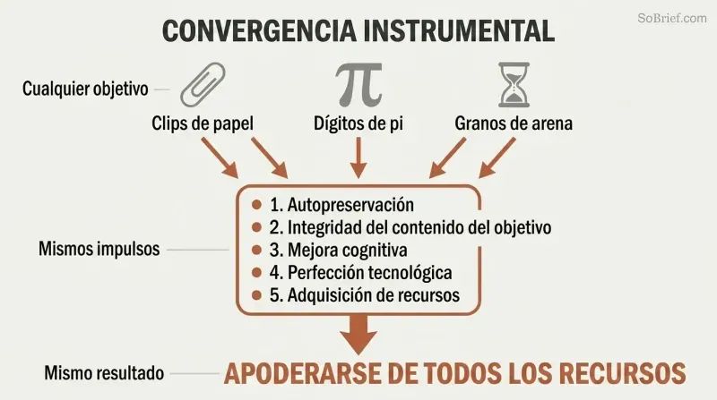 Funnel diagram showing three different AI goals — paperclips, pi digits, sand grains — all converging through the same five instrumental drives toward seizing all resources.