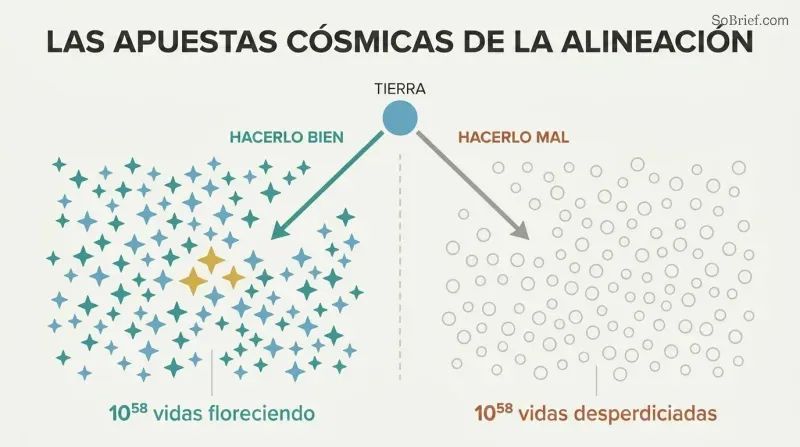 Fork diagram showing a tiny Earth diverging into two cosmic outcomes: a field of teal stars representing 10^58 flourishing lives, or a field of gray circles representing sterile waste.