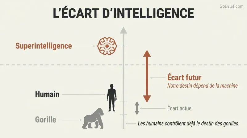 Vertical scale showing a small intelligence gap between gorilla and human silhouettes, dwarfed by an enormous gap stretching up to a superintelligence icon far above.