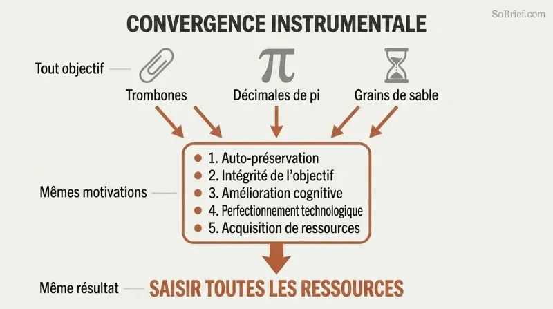 Funnel diagram showing three different AI goals — paperclips, pi digits, sand grains — all converging through the same five instrumental drives toward seizing all resources.
