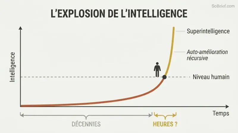 Hockey-stick curve showing decades of slow progress to human-level AI followed by a near-vertical leap to superintelligence in a fraction of the time.
