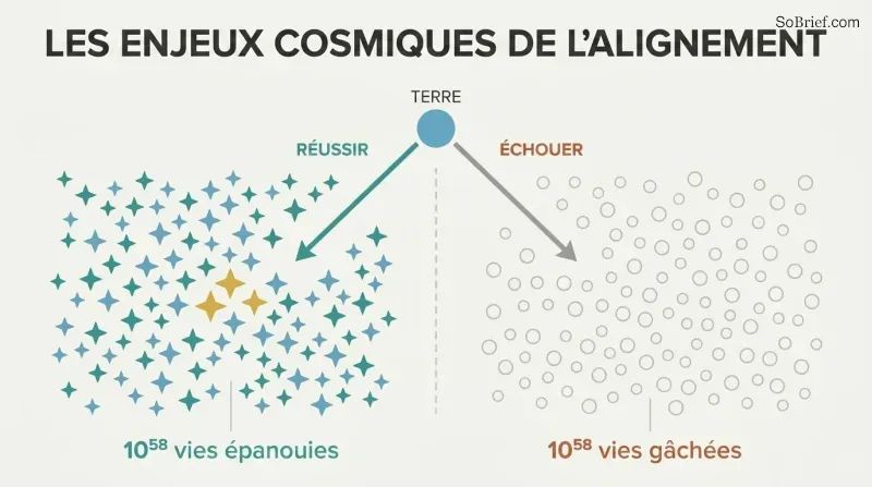 Fork diagram showing a tiny Earth diverging into two cosmic outcomes: a field of teal stars representing 10^58 flourishing lives, or a field of gray circles representing sterile waste.