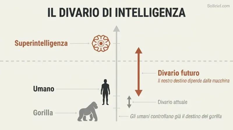 Vertical scale showing a small intelligence gap between gorilla and human silhouettes, dwarfed by an enormous gap stretching up to a superintelligence icon far above.
