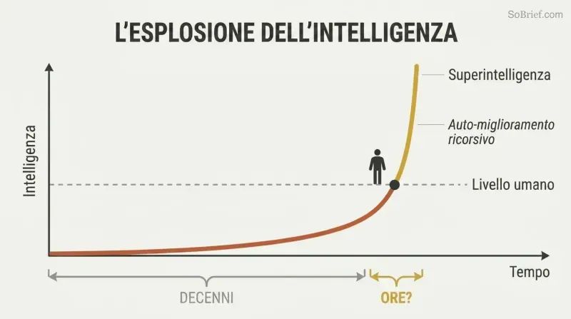 Hockey-stick curve showing decades of slow progress to human-level AI followed by a near-vertical leap to superintelligence in a fraction of the time.