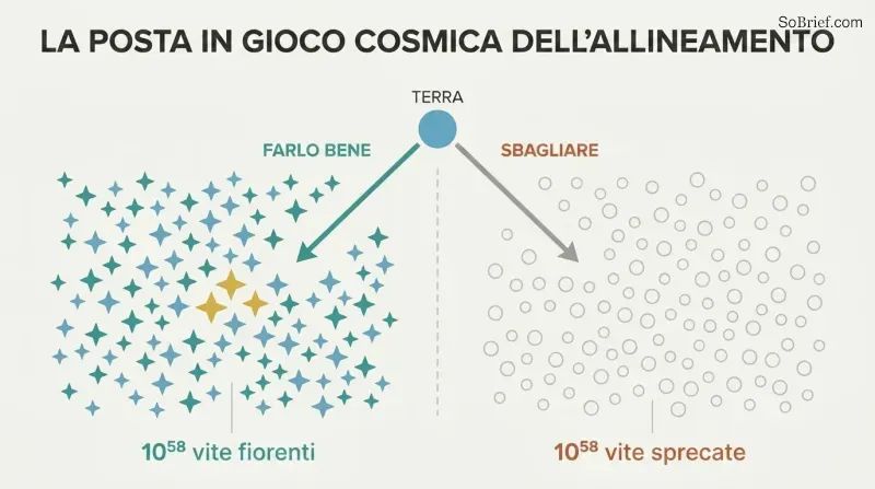 Fork diagram showing a tiny Earth diverging into two cosmic outcomes: a field of teal stars representing 10^58 flourishing lives, or a field of gray circles representing sterile waste.