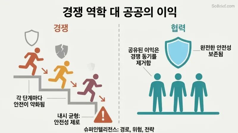 Split panel comparing an AI arms race where competitors descend stairs with shrinking safety shields against a cooperative model where figures share a full safety shield on level ground.