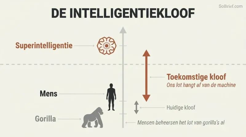 Vertical scale showing a small intelligence gap between gorilla and human silhouettes, dwarfed by an enormous gap stretching up to a superintelligence icon far above.