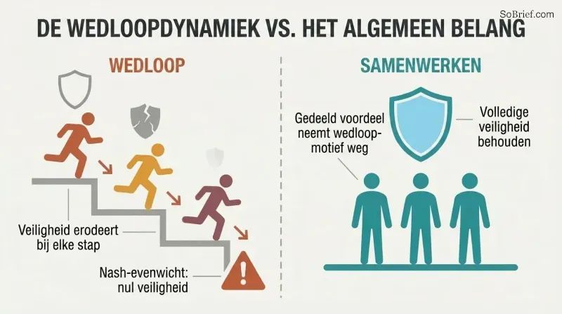 Split panel comparing an AI arms race where competitors descend stairs with shrinking safety shields against a cooperative model where figures share a full safety shield on level ground.