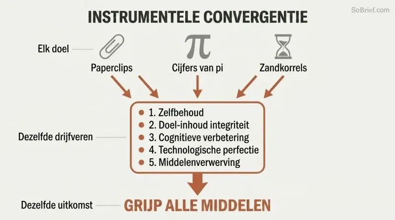 Funnel diagram showing three different AI goals — paperclips, pi digits, sand grains — all converging through the same five instrumental drives toward seizing all resources.