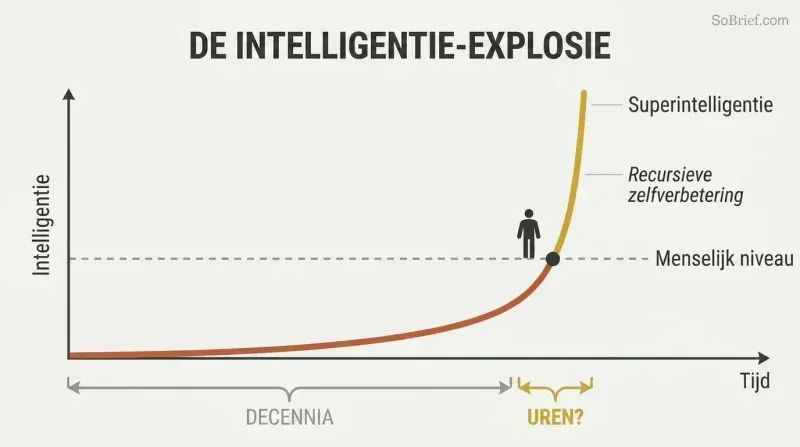 Hockey-stick curve showing decades of slow progress to human-level AI followed by a near-vertical leap to superintelligence in a fraction of the time.