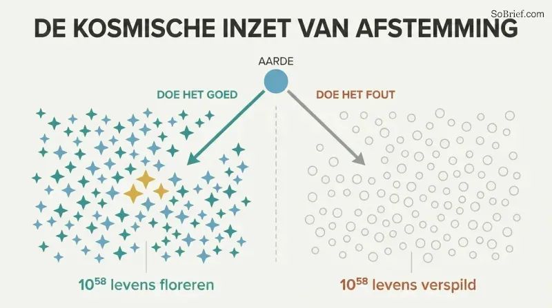 Fork diagram showing a tiny Earth diverging into two cosmic outcomes: a field of teal stars representing 10^58 flourishing lives, or a field of gray circles representing sterile waste.